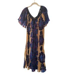 Jessica Bloom Boho Style House Dress‎ Crochet Neckline & Pleated Design Blue Tan